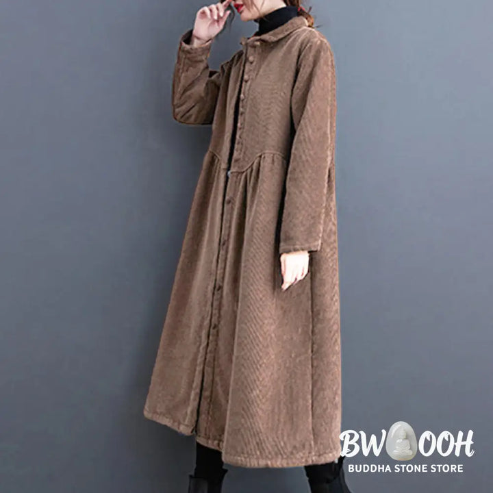 Buddha Stones Plain Buttons Long Sleeve Women’s Cotton Corduroy Fleece-Lined Coat With Pockets - Women’s Coat