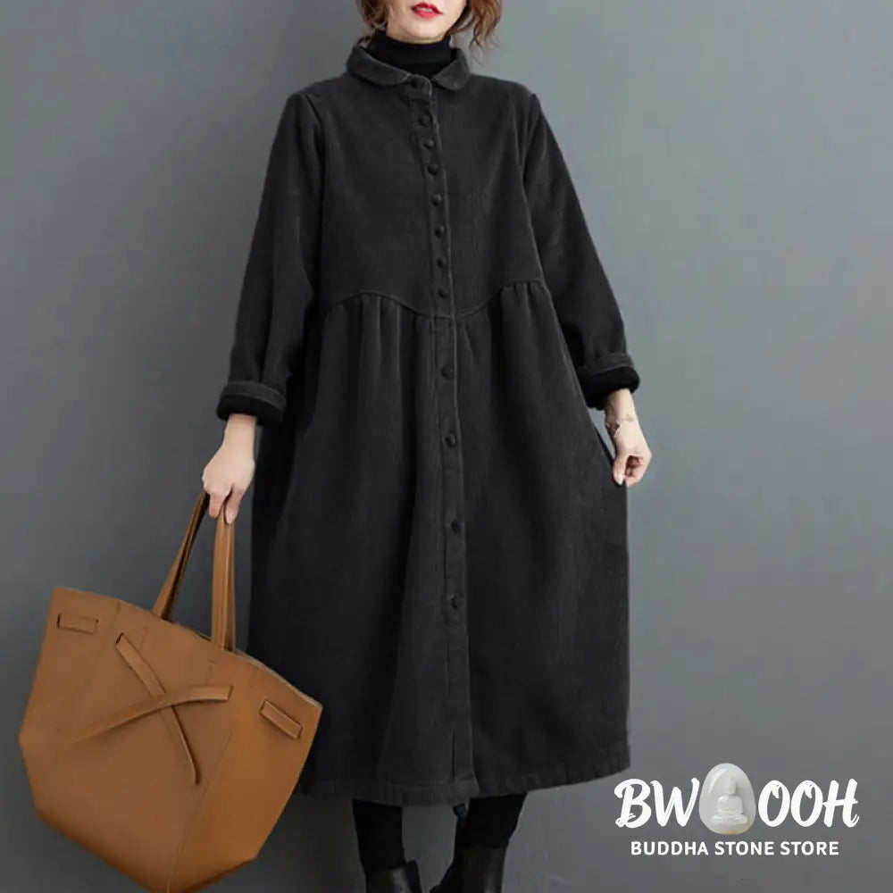 Buddha Stones Plain Buttons Long Sleeve Women’s Cotton Corduroy Fleece-Lined Coat With Pockets - Women’s Coat