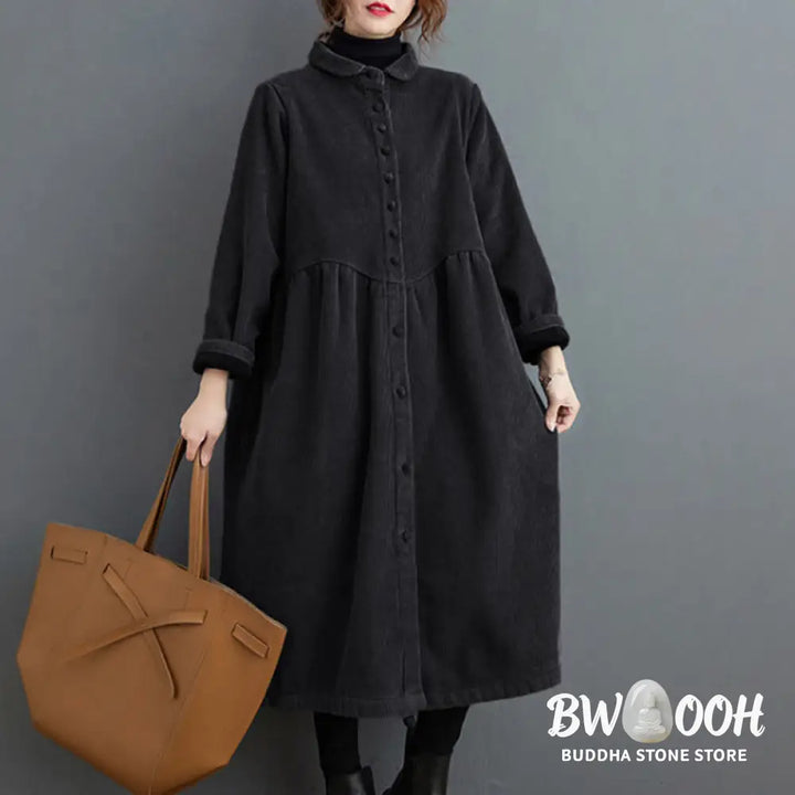Buddha Stones Plain Buttons Long Sleeve Women’s Cotton Corduroy Fleece-Lined Coat With Pockets - Women’s Coat
