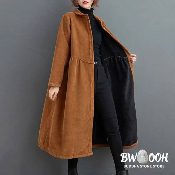 Buddha Stones Plain Buttons Long Sleeve Women’s Cotton Corduroy Fleece-Lined Coat With Pockets - Women’s Coat