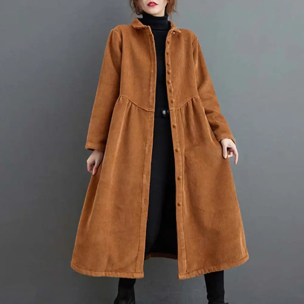 Buddha Stones Plain Buttons Long Sleeve Women’s Cotton Corduroy Fleece-Lined Coat With Pockets - Peru / US4，UK/AU8，EU36