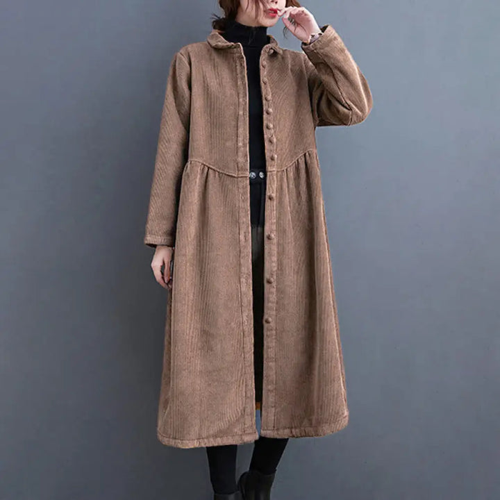 Buddha Stones Plain Buttons Long Sleeve Women’s Cotton Corduroy Fleece-Lined Coat With Pockets - SaddleBrown