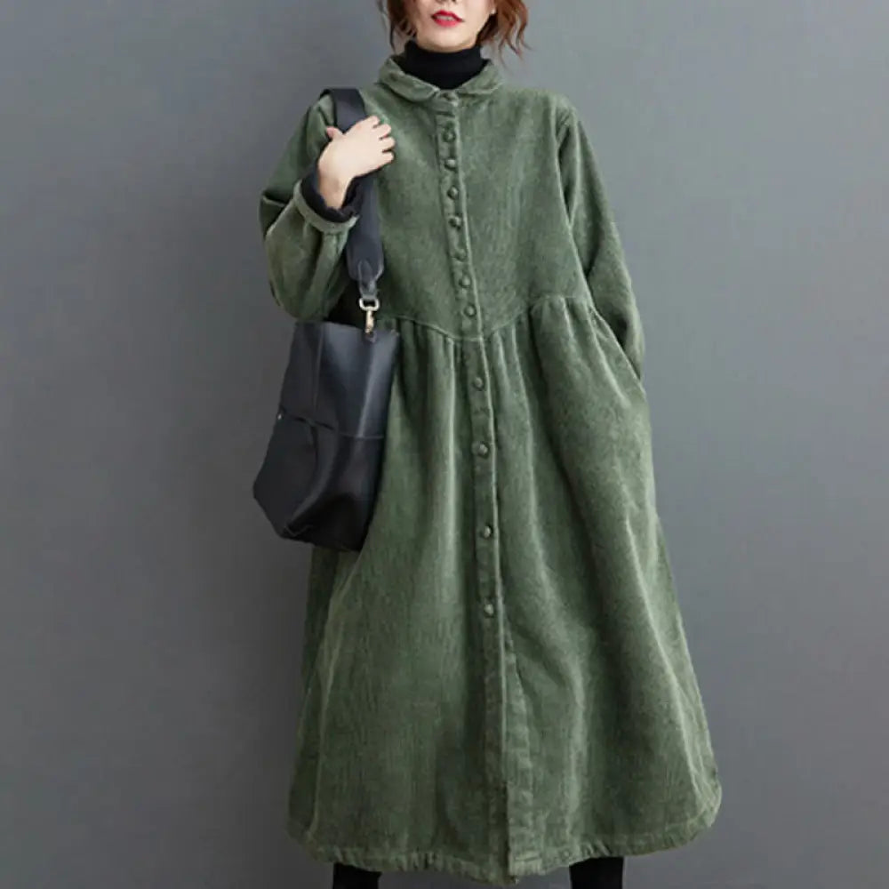 Buddha Stones Plain Buttons Long Sleeve Women’s Cotton Corduroy Fleece-Lined Coat With Pockets - SeaGreen