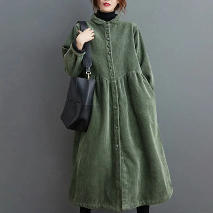 Buddha Stones Plain Buttons Long Sleeve Women’s Cotton Corduroy Fleece-Lined Coat With Pockets - SeaGreen
