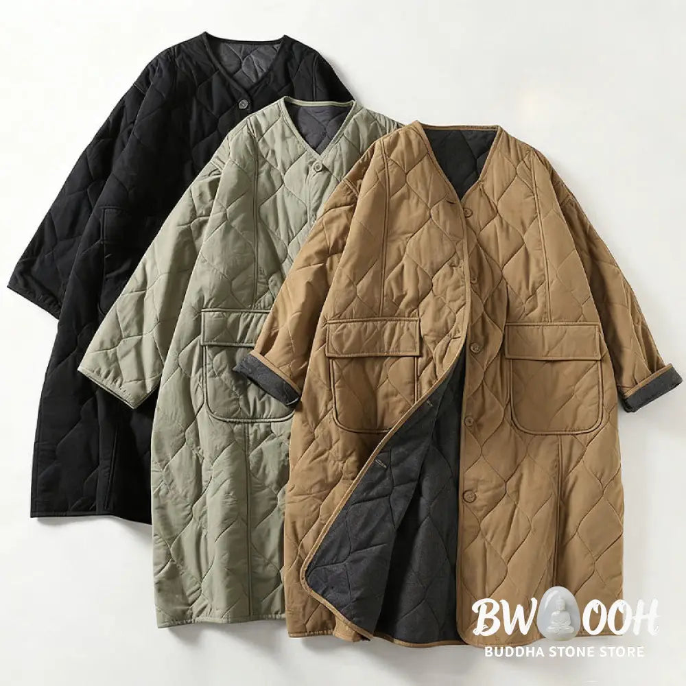 Buddha Stones Plain Buttons V-Neck Long Sleeve Women’s Cotton Coat With Pockets - Women’s Coat
