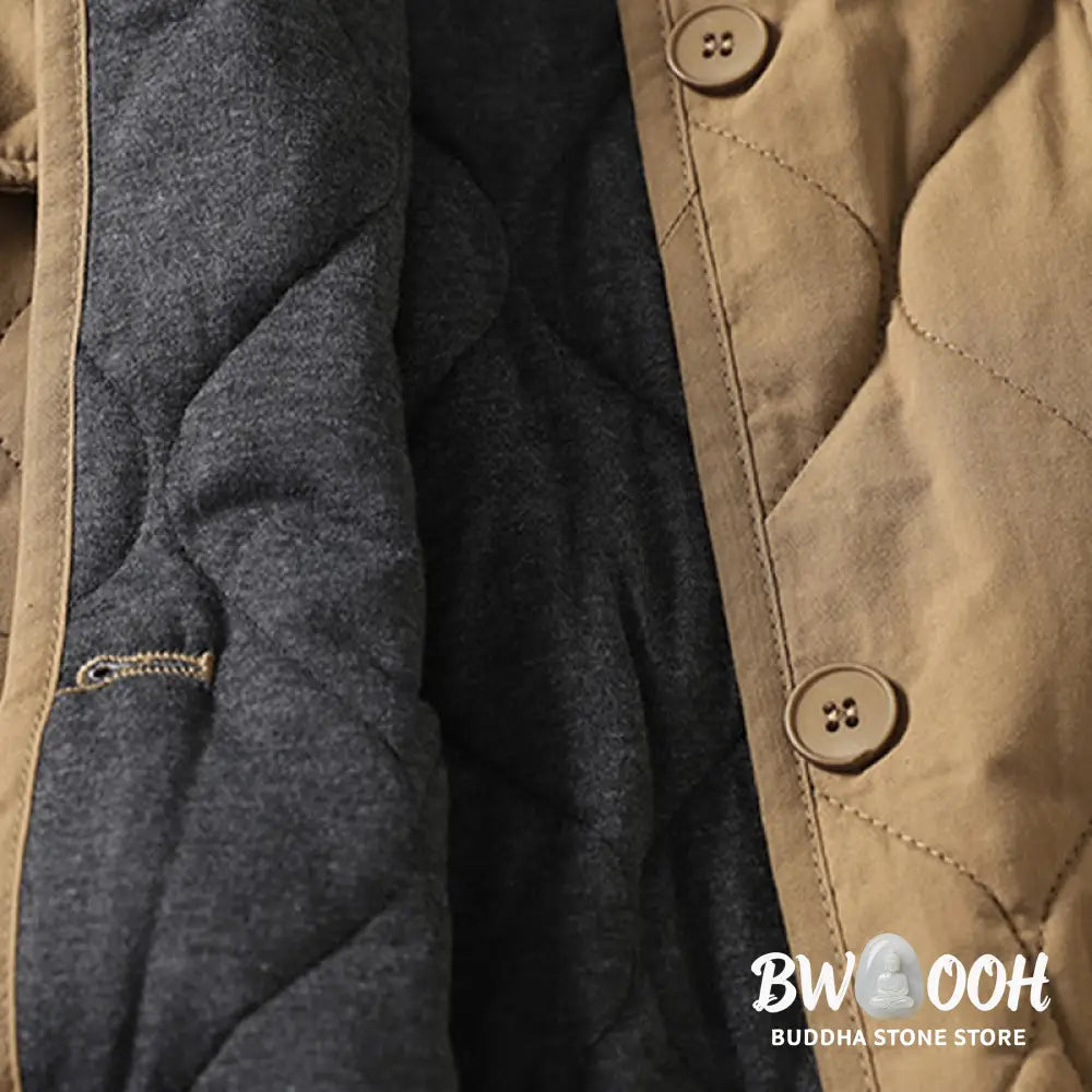 Buddha Stones Plain Buttons V-Neck Long Sleeve Women’s Cotton Coat With Pockets - Women’s Coat