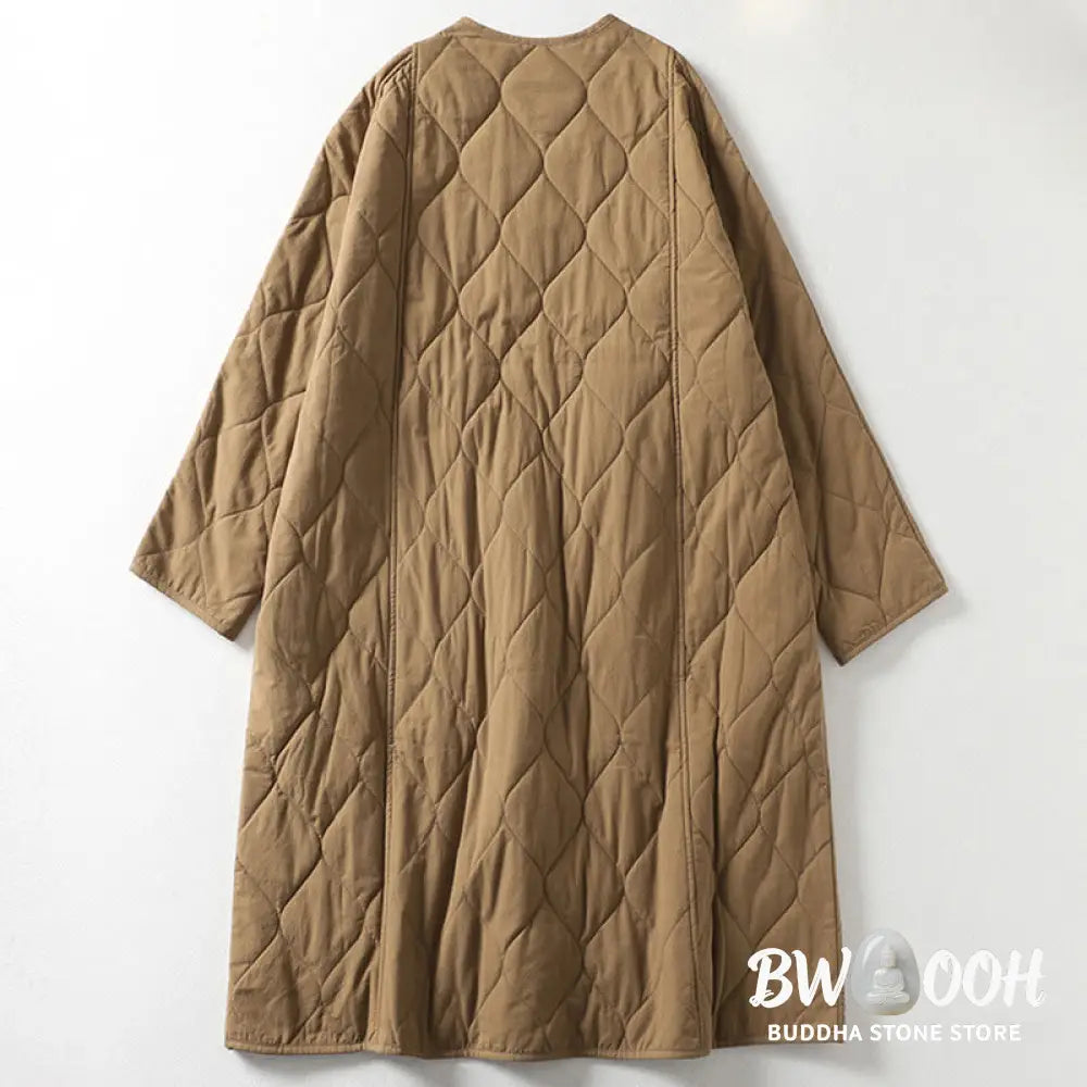 Buddha Stones Plain Buttons V-Neck Long Sleeve Women’s Cotton Coat With Pockets - Women’s Coat