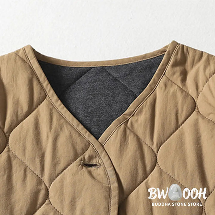 Buddha Stones Plain Buttons V-Neck Long Sleeve Women’s Cotton Coat With Pockets - Women’s Coat
