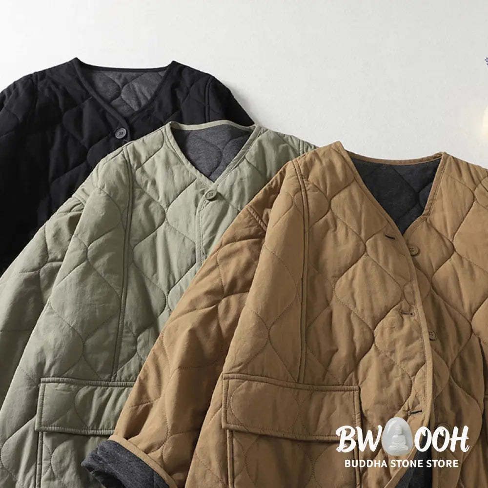 Buddha Stones Plain Buttons V-Neck Long Sleeve Women’s Cotton Coat With Pockets - Women’s Coat