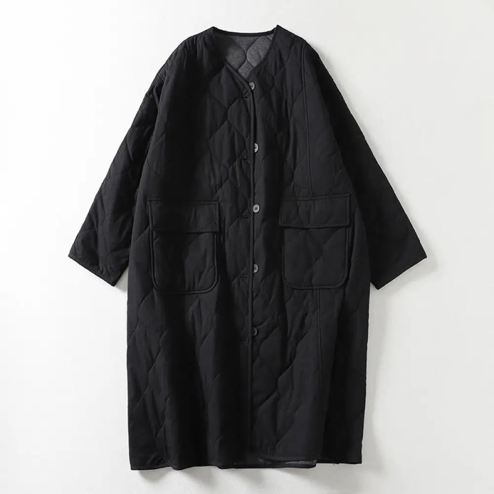 Buddha Stones Plain Buttons V-Neck Long Sleeve Women’s Cotton Coat With Pockets - Black / US6，UK/AU10，EU38 (M)