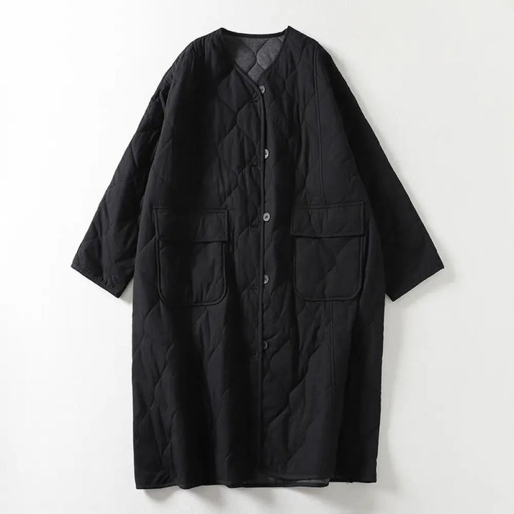 Buddha Stones Plain Buttons V-Neck Long Sleeve Women’s Cotton Coat With Pockets - Black / US6，UK/AU10，EU38 (M)
