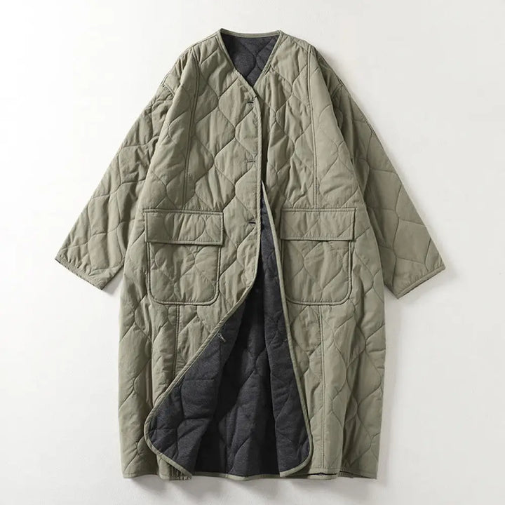 Buddha Stones Plain Buttons V-Neck Long Sleeve Women’s Cotton Coat With Pockets - DarkSeaGreen / US6，UK/AU10，EU38 (M)