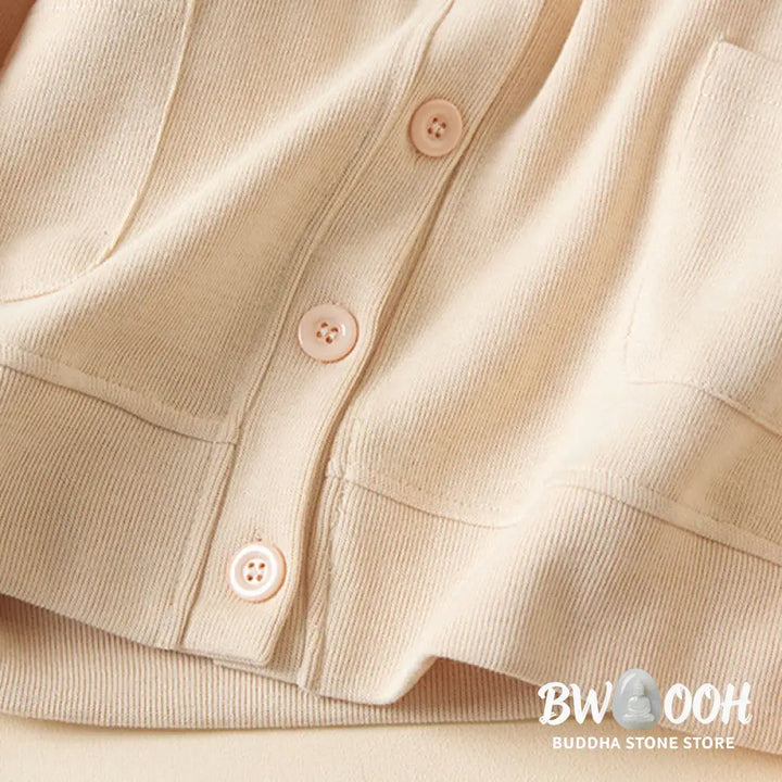 Buddha Stones Plain Buttons Women’s Cotton Hooded Jacket With Pockets - Women’s Jacket