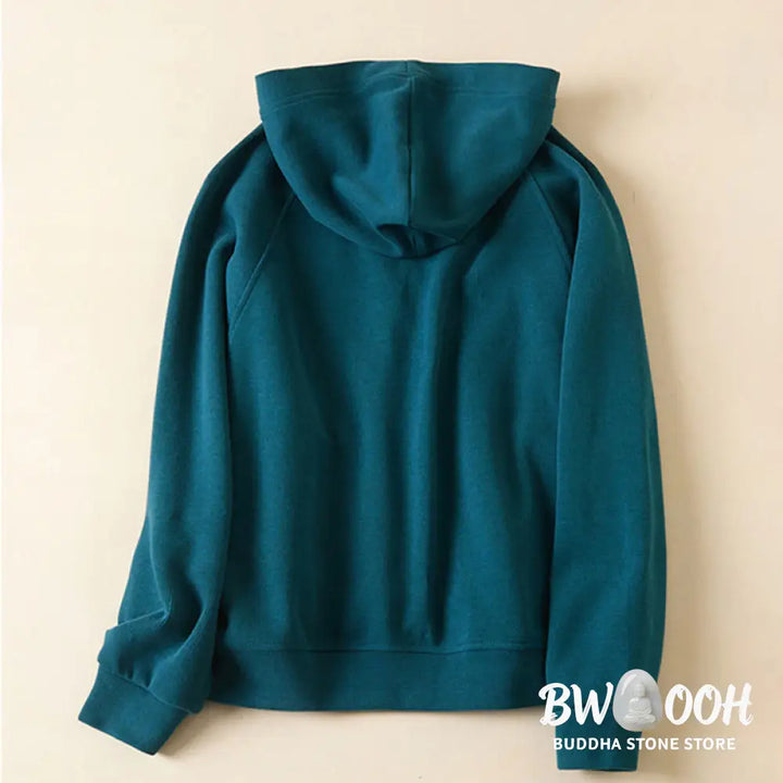 Buddha Stones Plain Buttons Women’s Cotton Hooded Jacket With Pockets - Women’s Jacket