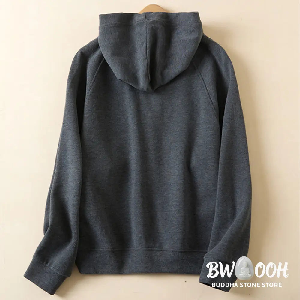 Buddha Stones Plain Buttons Women’s Cotton Hooded Jacket With Pockets - Women’s Jacket