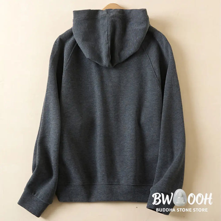 Buddha Stones Plain Buttons Women’s Cotton Hooded Jacket With Pockets - Women’s Jacket