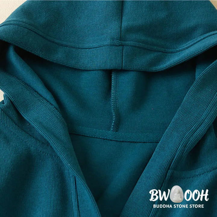 Buddha Stones Plain Buttons Women’s Cotton Hooded Jacket With Pockets - Women’s Jacket