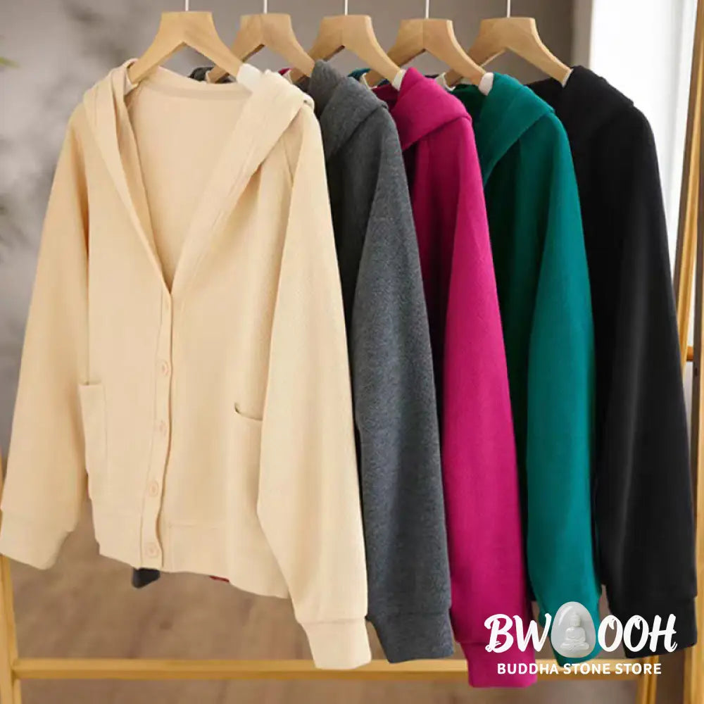 Buddha Stones Plain Buttons Women’s Cotton Hooded Jacket With Pockets - Women’s Jacket