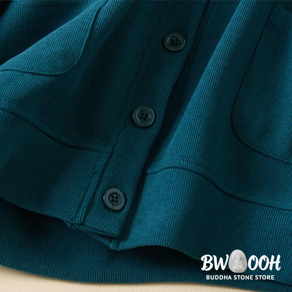 Buddha Stones Plain Buttons Women’s Cotton Hooded Jacket With Pockets - Women’s Jacket