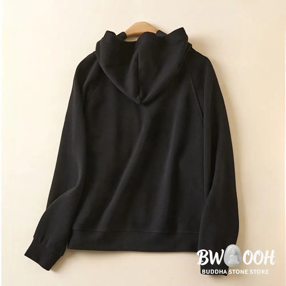 Buddha Stones Plain Buttons Women’s Cotton Hooded Jacket With Pockets - Women’s Jacket