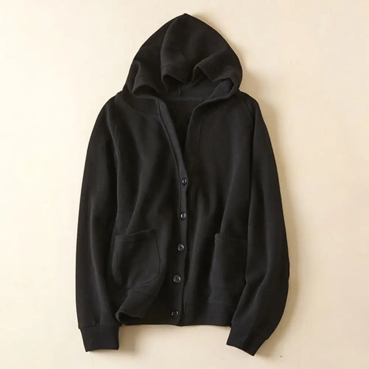 Buddha Stones Plain Buttons Women’s Cotton Hooded Jacket With Pockets - Black / US2，UK/AU6，EU34 (M) - Women’s Jacket
