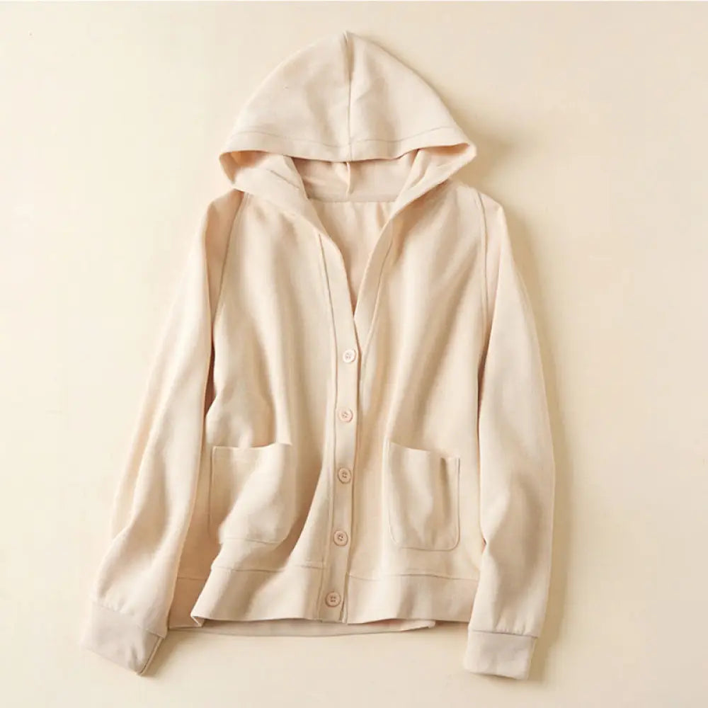 Buddha Stones Plain Buttons Women’s Cotton Hooded Jacket With Pockets - PapayaWhip / US2，UK/AU6，EU34 (M) - Women’s