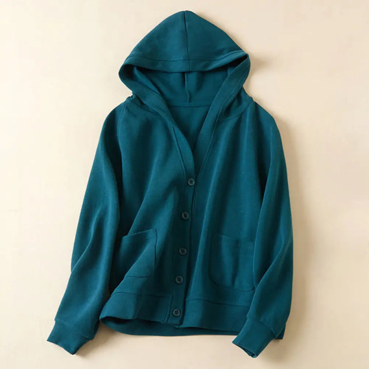 Buddha Stones Plain Buttons Women’s Cotton Hooded Jacket With Pockets - SteelBlue / US2，UK/AU6，EU34 (M) - Women’s Jacket