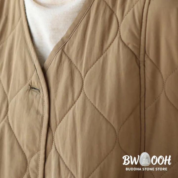 Buddha Stones Plain Buttons Women’s Cotton Padded Coat With Pockets - Women’s Coat