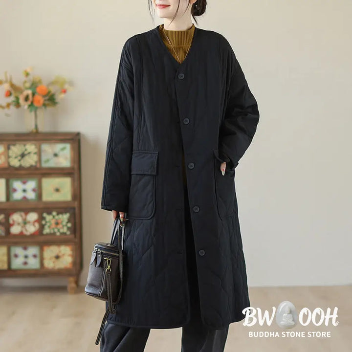 Buddha Stones Plain Buttons Women’s Cotton Padded Coat With Pockets - Women’s Coat