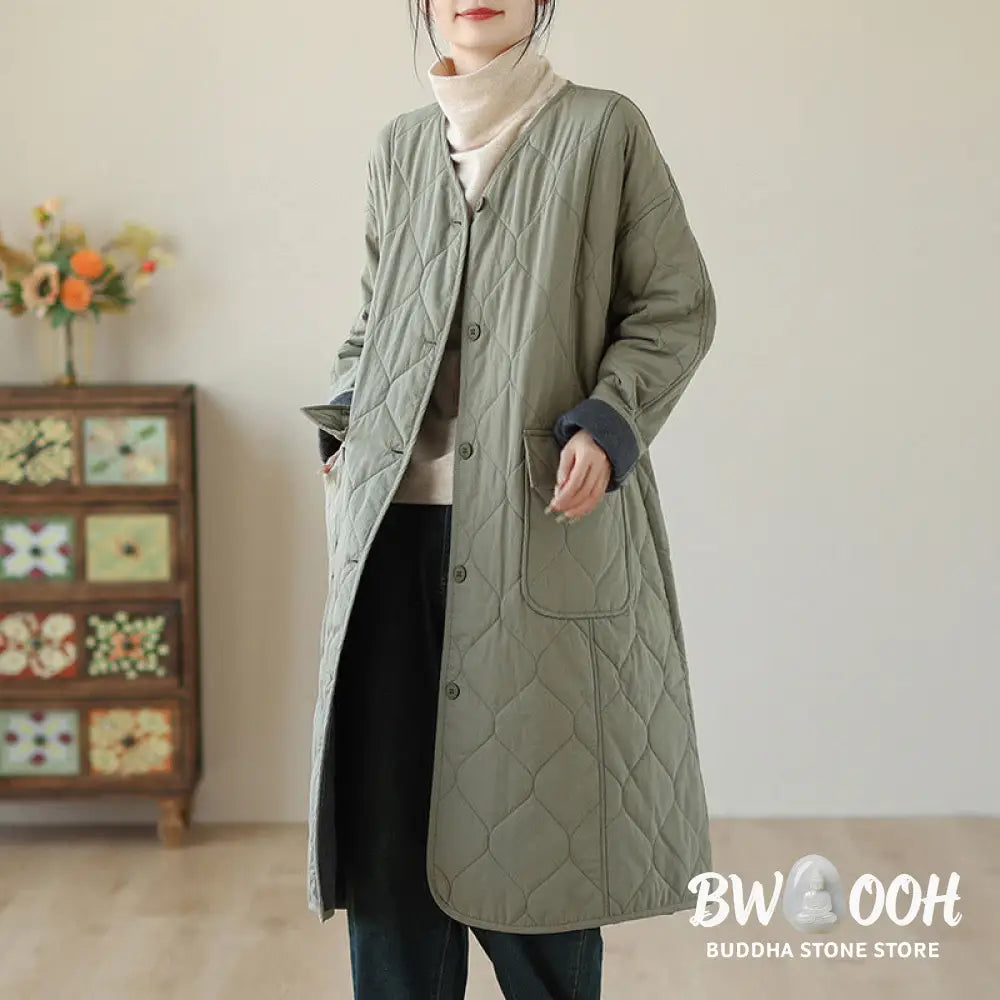 Buddha Stones Plain Buttons Women’s Cotton Padded Coat With Pockets - Women’s Coat