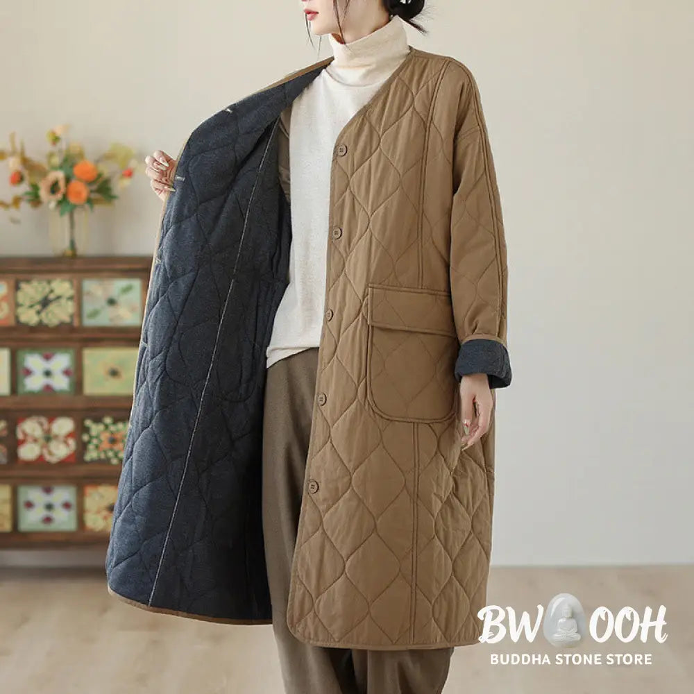 Buddha Stones Plain Buttons Women’s Cotton Padded Coat With Pockets - Women’s Coat