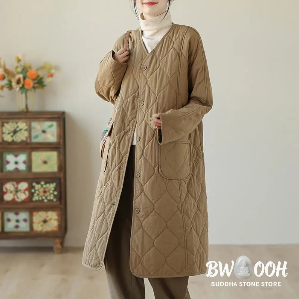 Buddha Stones Plain Buttons Women’s Cotton Padded Coat With Pockets - Women’s Coat