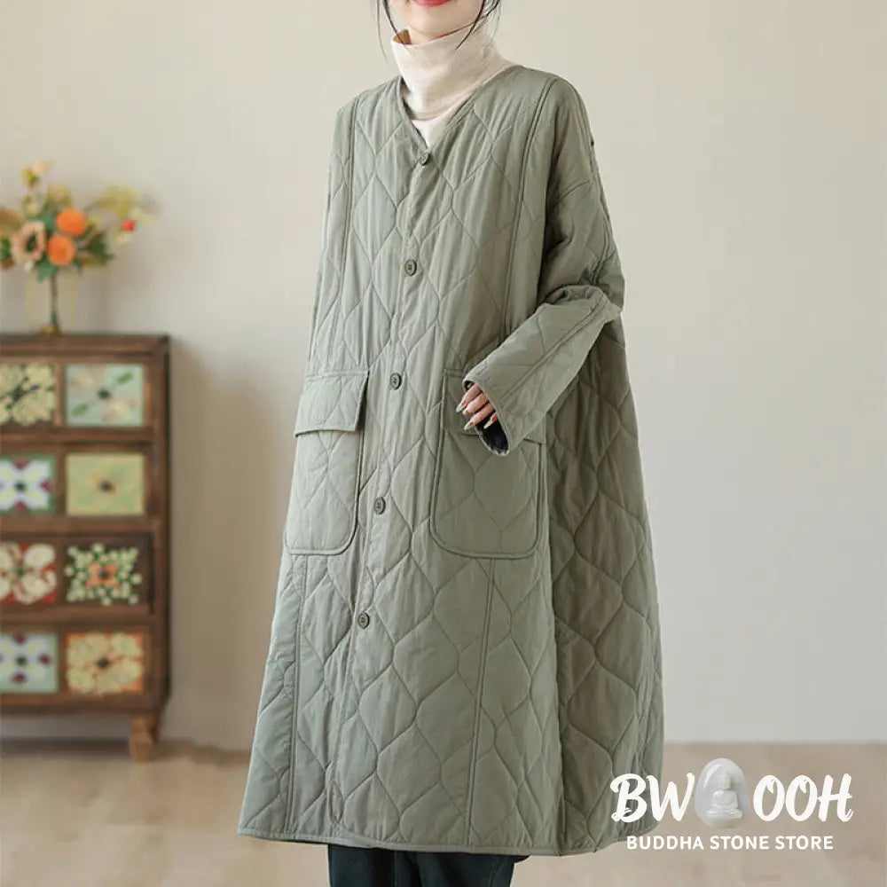 Buddha Stones Plain Buttons Women’s Cotton Padded Coat With Pockets - Women’s Coat