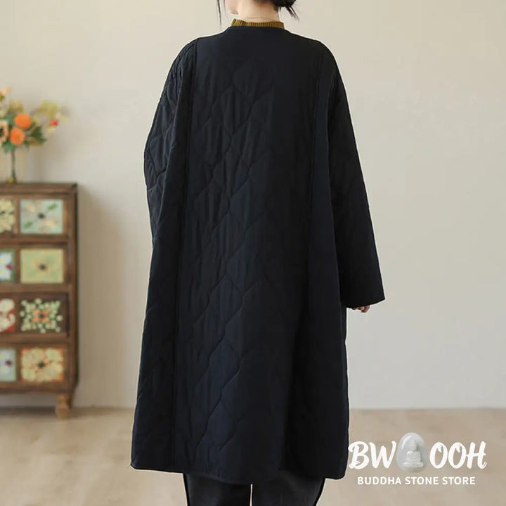 Buddha Stones Plain Buttons Women’s Cotton Padded Coat With Pockets - Women’s Coat