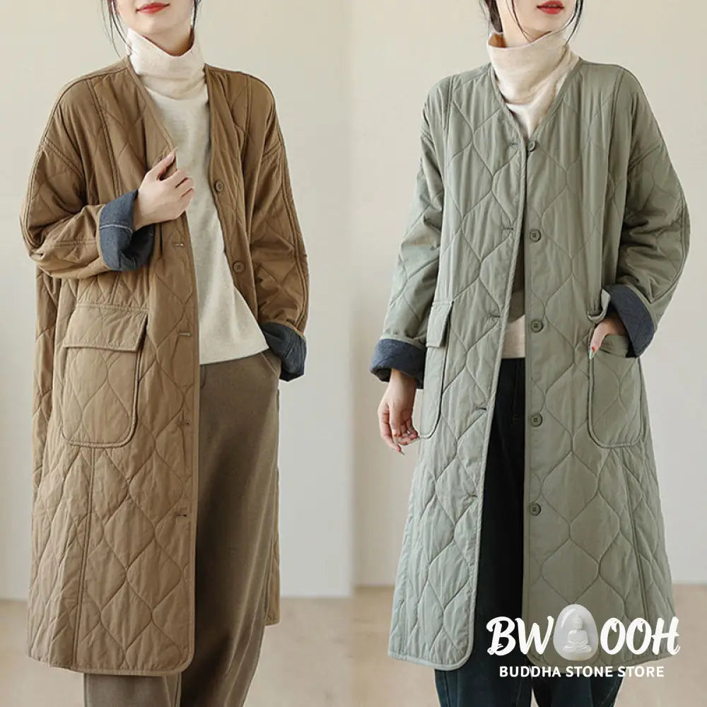 Buddha Stones Plain Buttons Women’s Cotton Padded Coat With Pockets - Women’s Coat