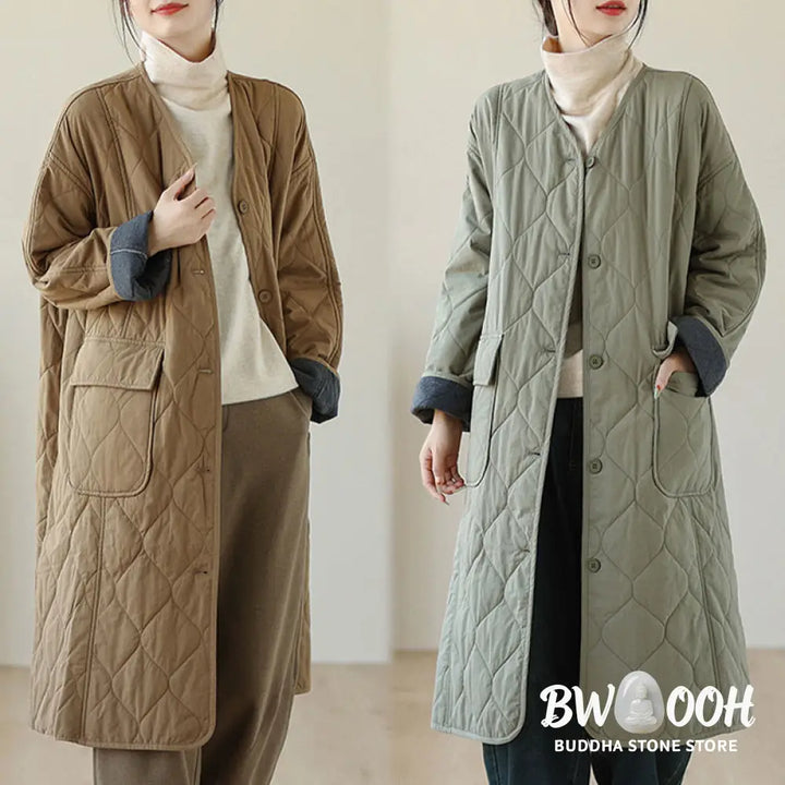 Buddha Stones Plain Buttons Women’s Cotton Padded Coat With Pockets - Women’s Coat
