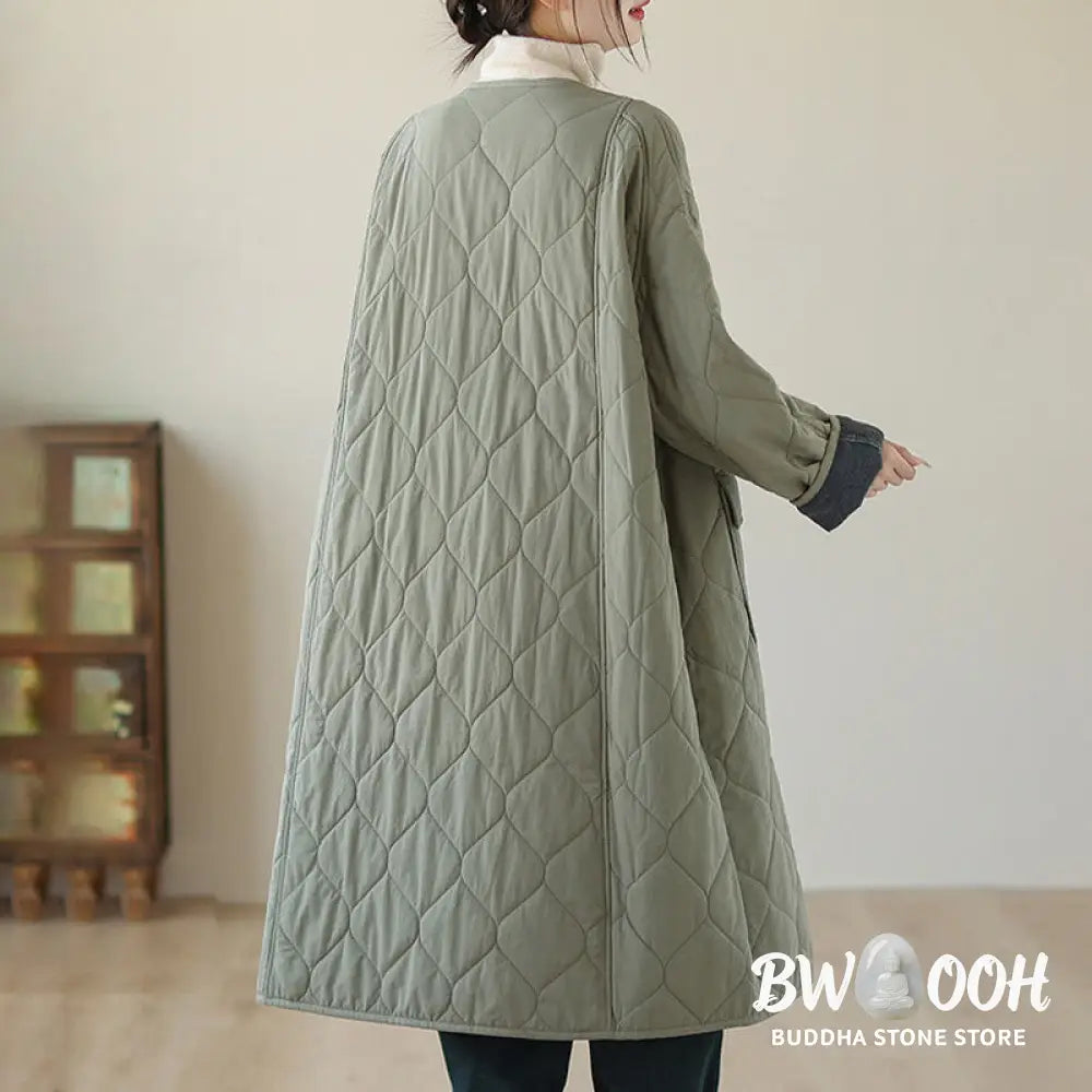 Buddha Stones Plain Buttons Women’s Cotton Padded Coat With Pockets - Women’s Coat