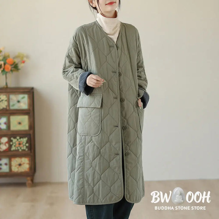 Buddha Stones Plain Buttons Women’s Cotton Padded Coat With Pockets - Women’s Coat
