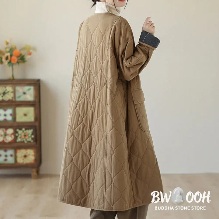 Buddha Stones Plain Buttons Women’s Cotton Padded Coat With Pockets - Women’s Coat