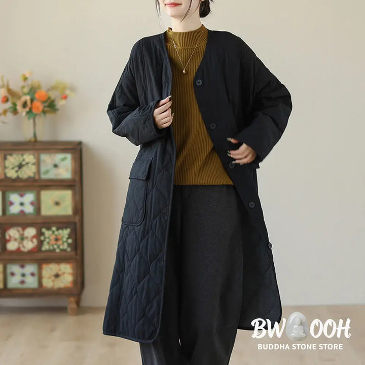 Buddha Stones Plain Buttons Women’s Cotton Padded Coat With Pockets - Women’s Coat