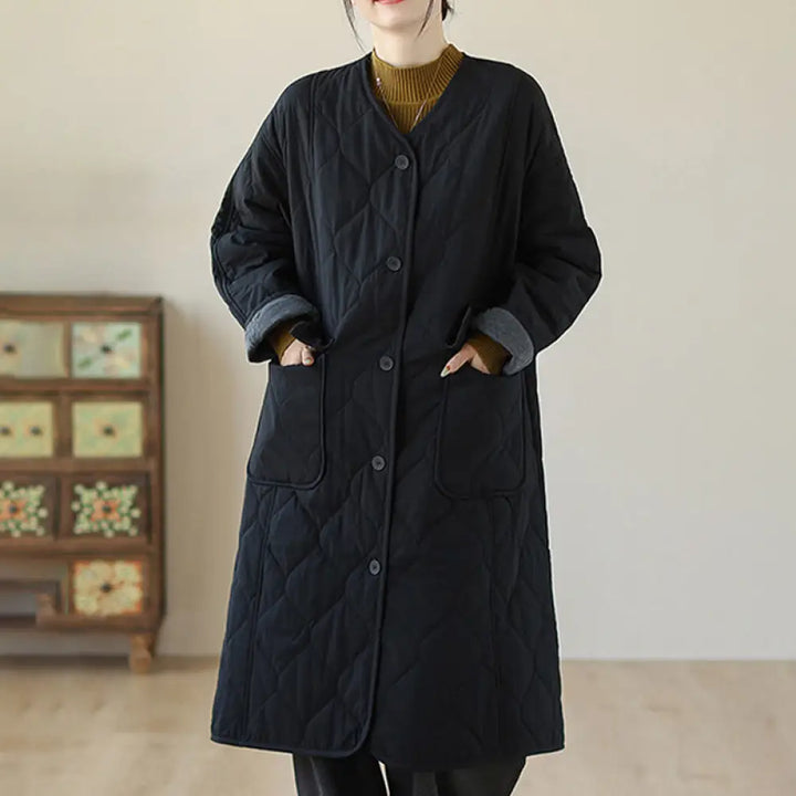 Buddha Stones Plain Buttons Women’s Cotton Padded Coat With Pockets - Black / US6，UK/AU10，EU38 (M) - Women’s Coat