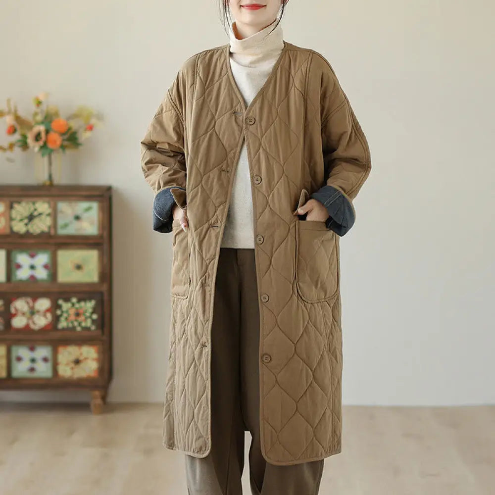Buddha Stones Plain Buttons Women’s Cotton Padded Coat With Pockets - Goldenrod / US6，UK/AU10，EU38 (M) - Women’s Coat