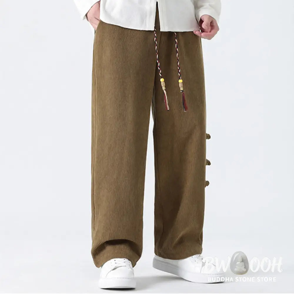 Buddha Stones Plain Chinese Frog-Button Design Drawstring Men’s Corduroy Pants With Pockets - Men’s Pants
