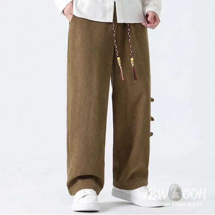 Buddha Stones Plain Chinese Frog-Button Design Drawstring Men’s Corduroy Pants With Pockets - Men’s Pants
