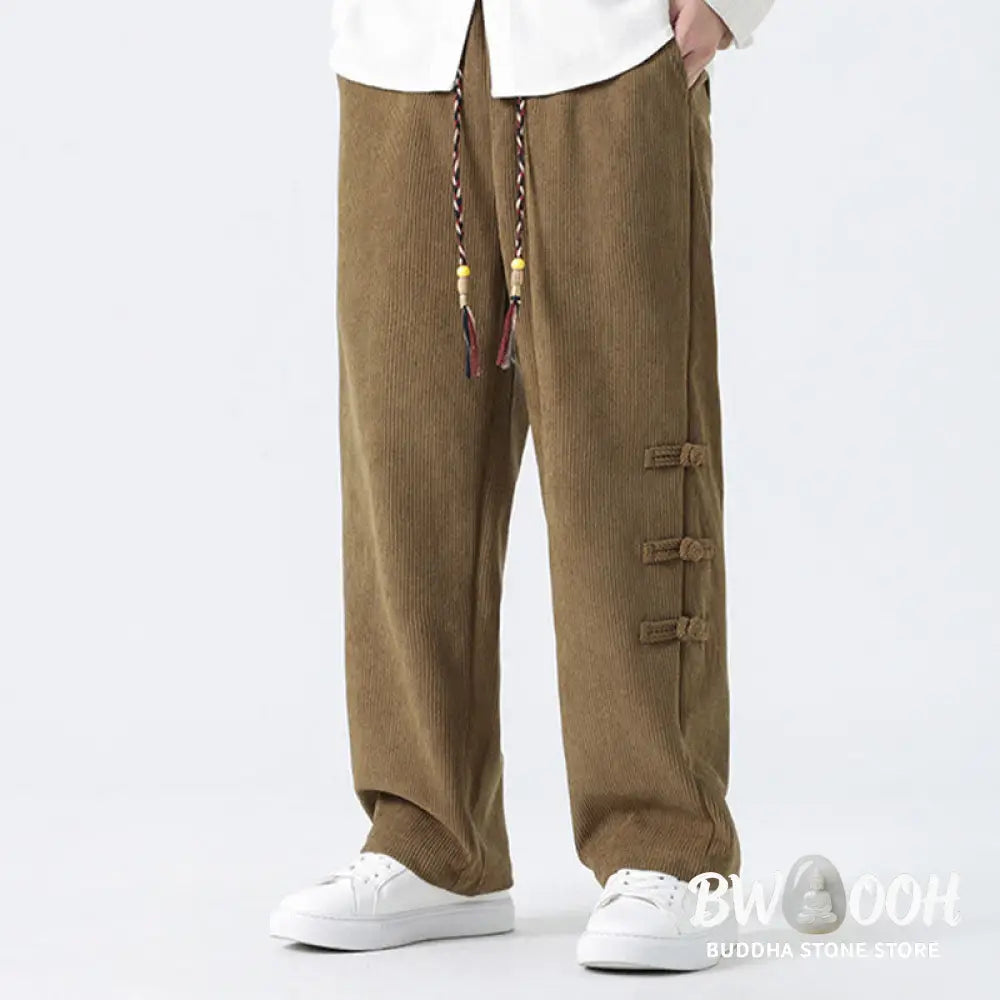 Buddha Stones Plain Chinese Frog-Button Design Drawstring Men’s Corduroy Pants With Pockets - Men’s Pants