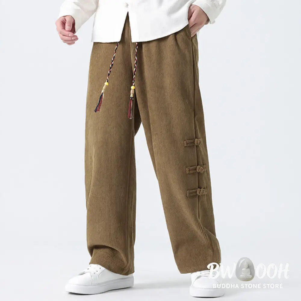 Buddha Stones Plain Chinese Frog-Button Design Drawstring Men’s Corduroy Pants With Pockets - Men’s Pants