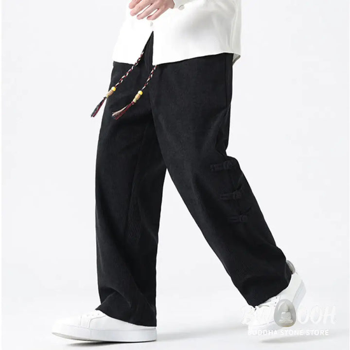 Buddha Stones Plain Chinese Frog-Button Design Drawstring Men’s Corduroy Pants With Pockets - Men’s Pants