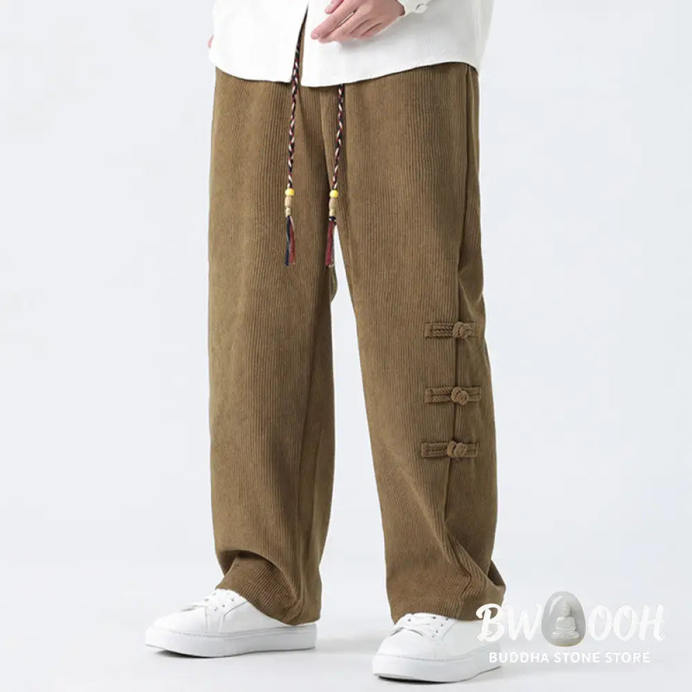 Buddha Stones Plain Chinese Frog-Button Design Drawstring Men’s Corduroy Pants With Pockets - Men’s Pants