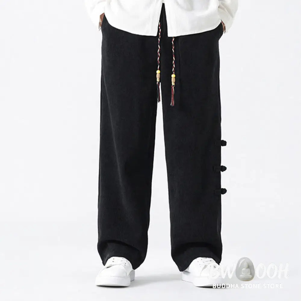 Buddha Stones Plain Chinese Frog-Button Design Drawstring Men’s Corduroy Pants With Pockets - Men’s Pants