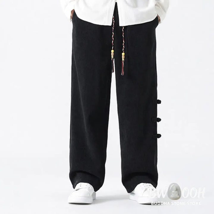 Buddha Stones Plain Chinese Frog-Button Design Drawstring Men’s Corduroy Pants With Pockets - Men’s Pants